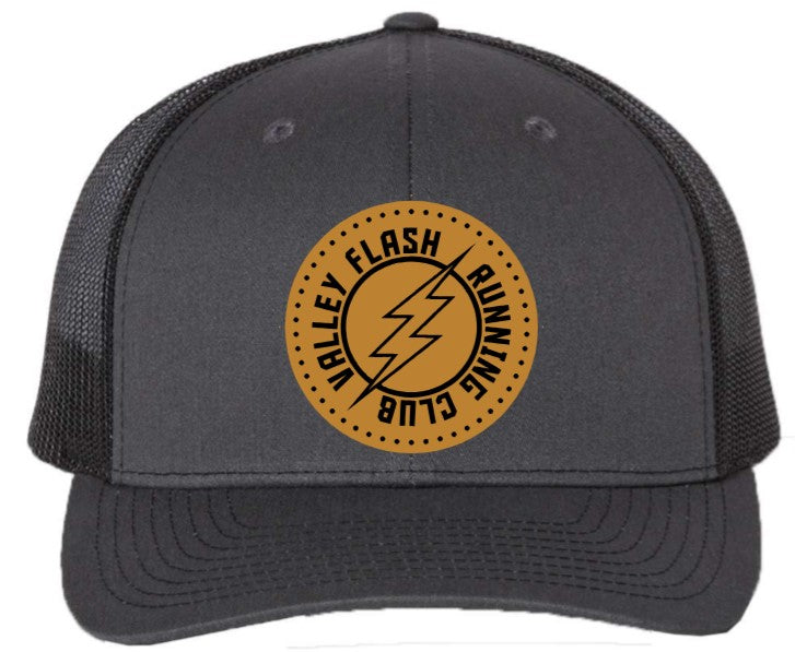 O- Snapback Trucker Hat with leather patch